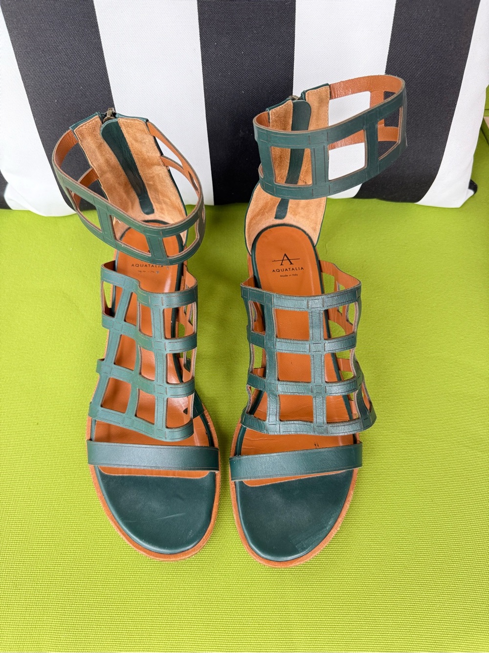 Aquatalia Dark Green Leather Cage Ankle-Strap Sandals